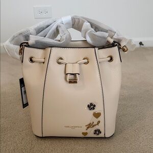 Karl Lagerfeld Adele Cream Bucket Bag with Gold Accents